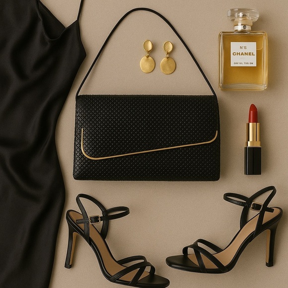 Vintage 80s Black Mesh Evening Clutch with Gold Trim - Picture 1 of 16